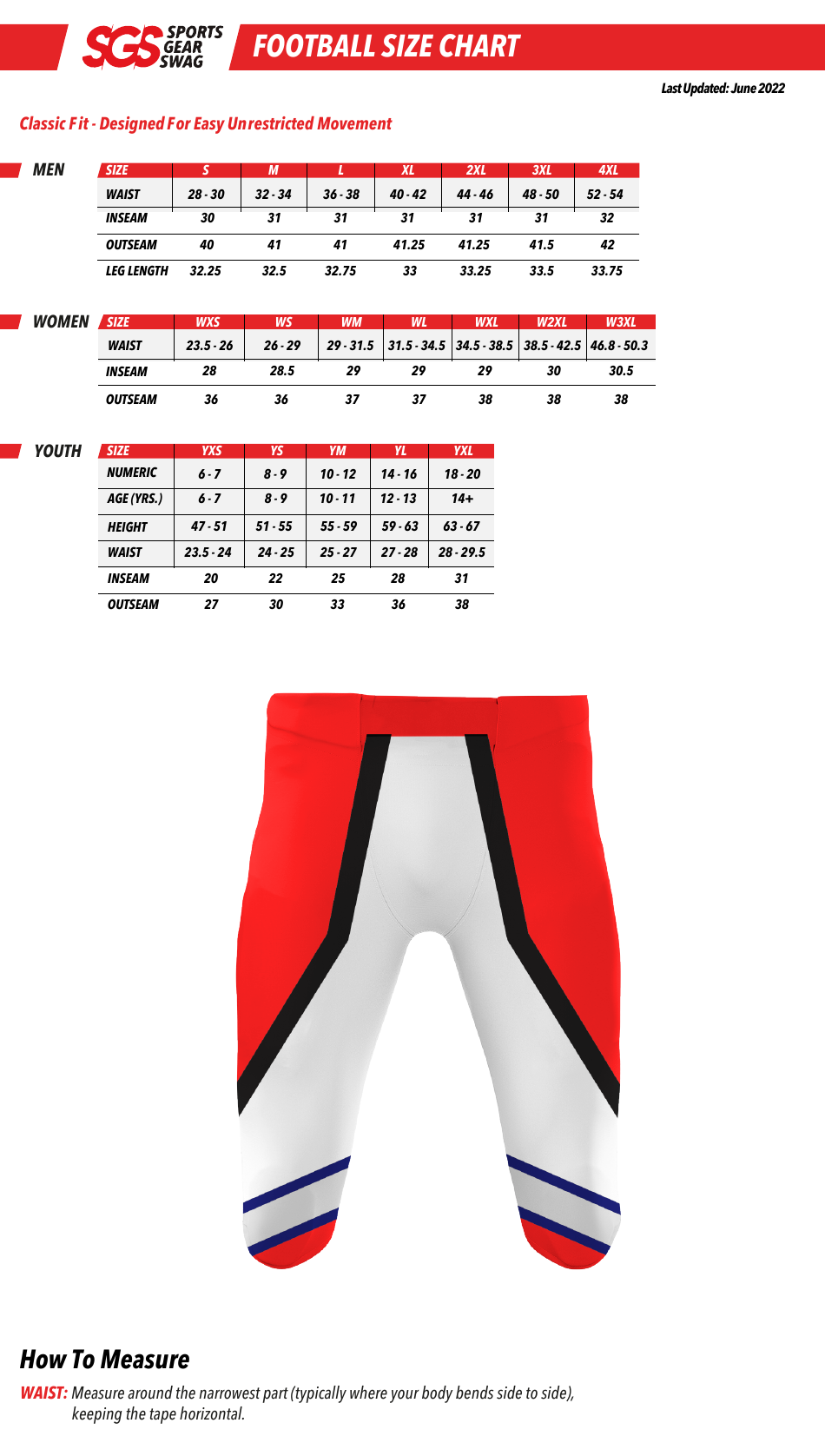 Football Pants Size Chart Sgs Download Printable PDF Templateroller