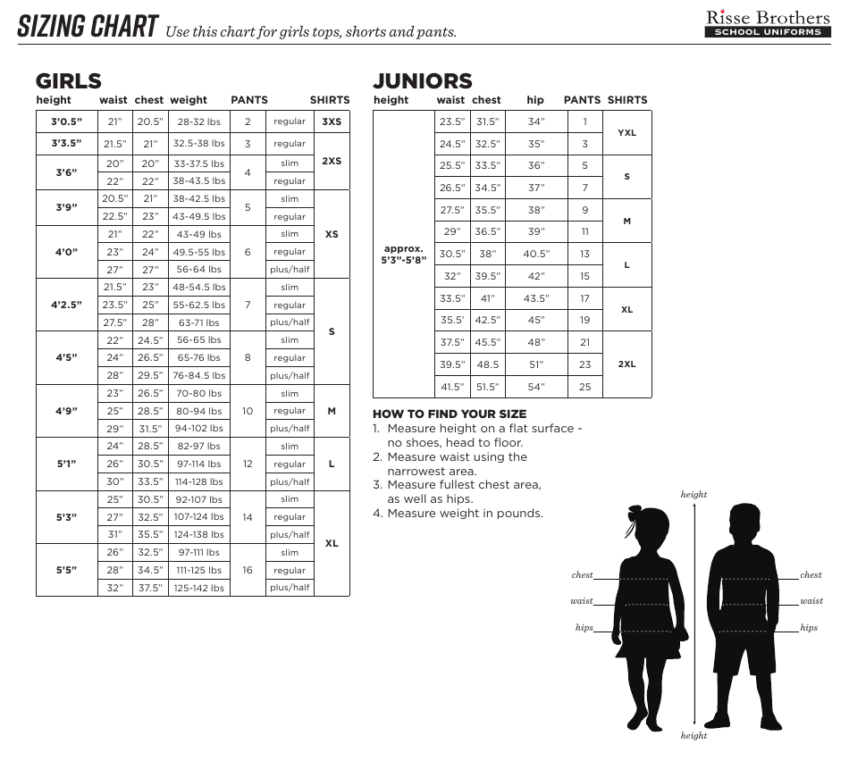 School Uniform Sizing Chart - Risse Brothers Download Printable PDF ...