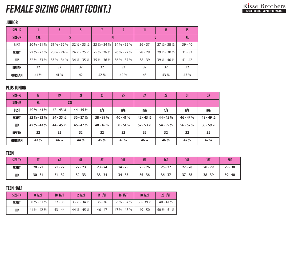 School Uniform Sizing Chart - Risse Brothers, Page 3