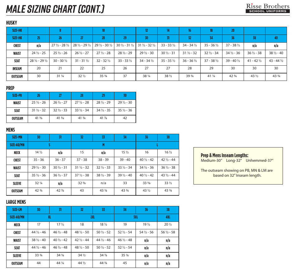 School Uniform Sizing Chart - Risse Brothers Download Printable PDF ...