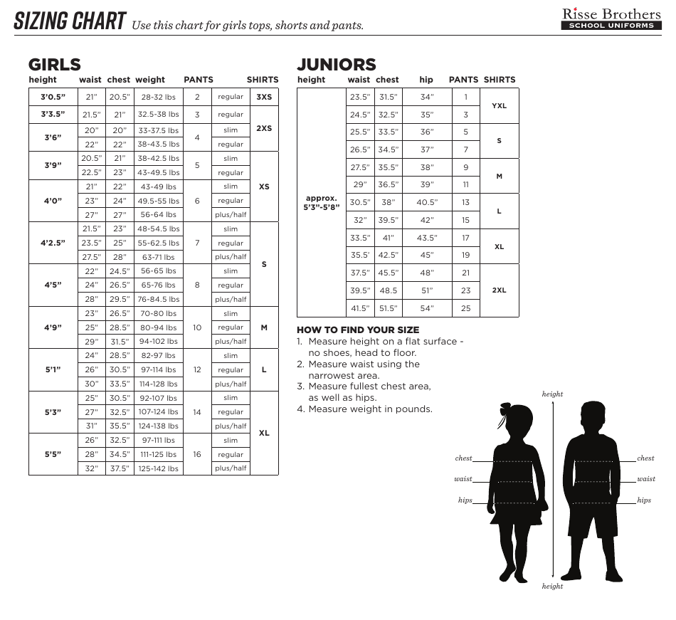 School Uniform Sizing Chart Risse Brothers Download Printable PDF