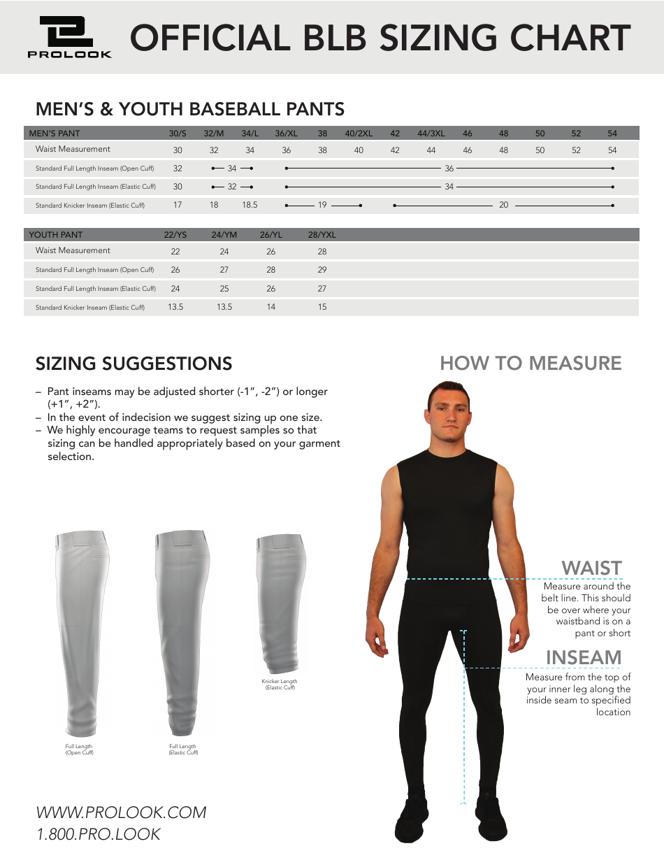 MLB Youth Baseball Pants Size Chart