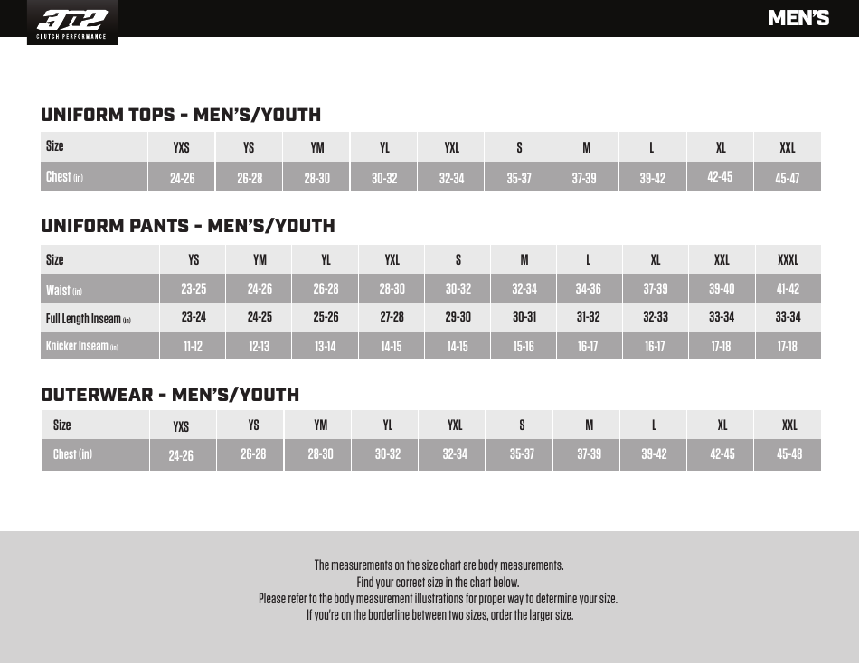 An image preview of the Uniform Size Chart document by 3n2 Sports.