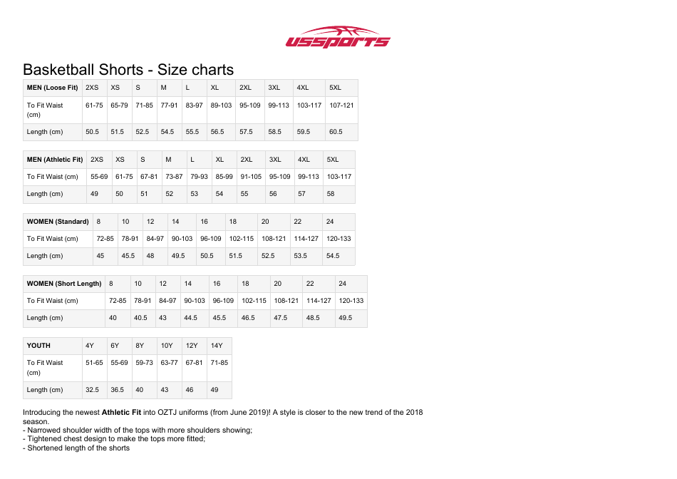 Basketball Shorts Size Chart (cm) - Ussports
