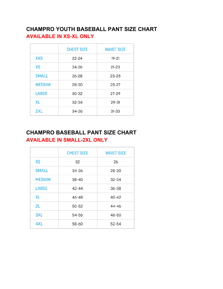 Youth & Adult Baseball Pants Size Chart Champro Download Printable