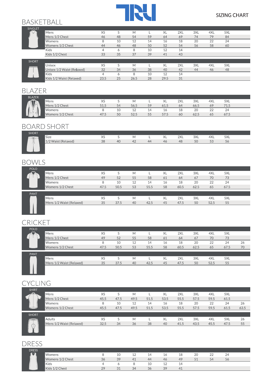Sportswear Size Chart - Tru