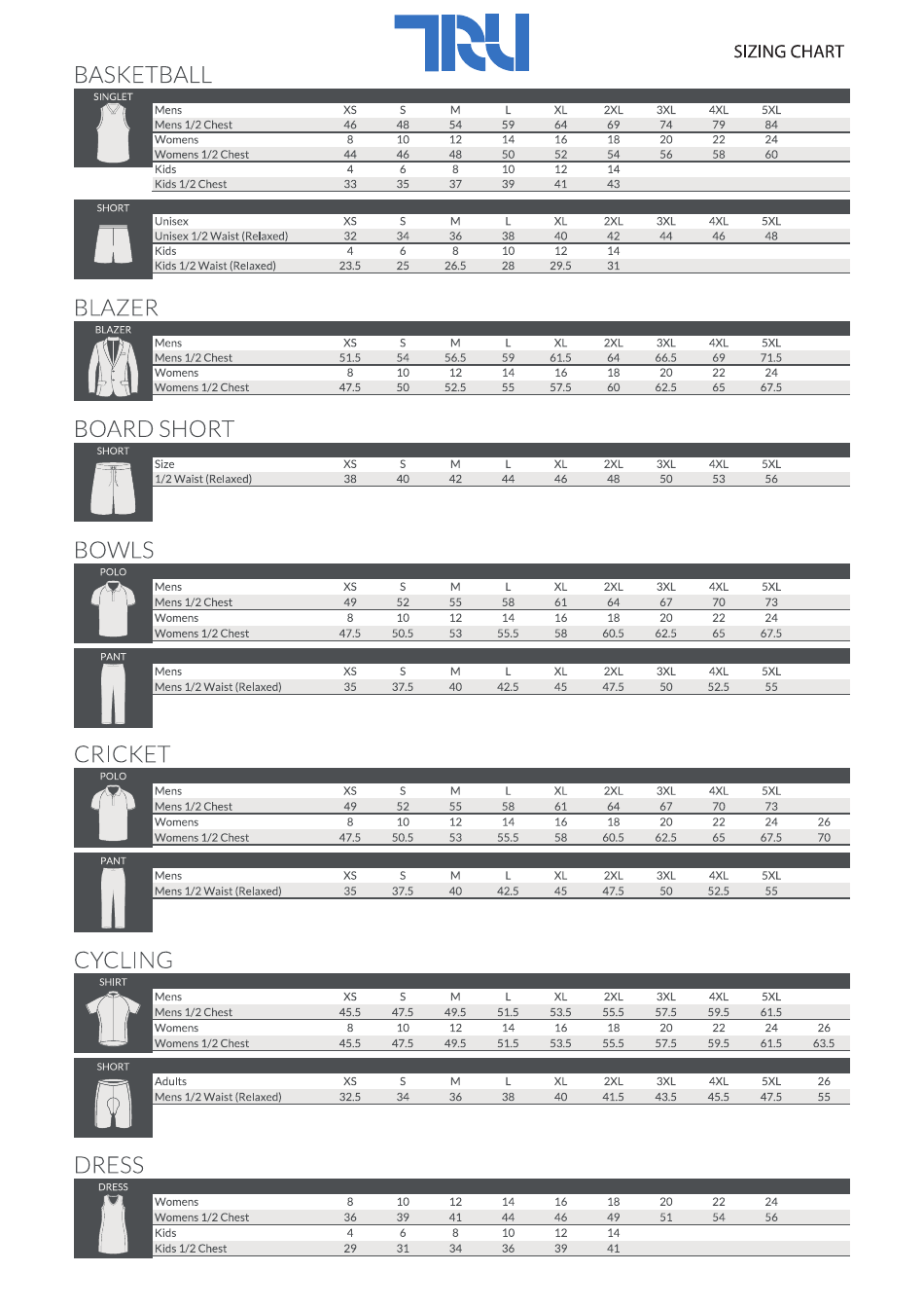 Sportswear Size Chart Tru Download Printable PDF Templateroller