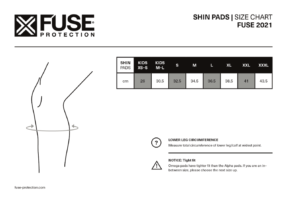 Shin Pads Size Chart Fuse Protection Download Printable PDF