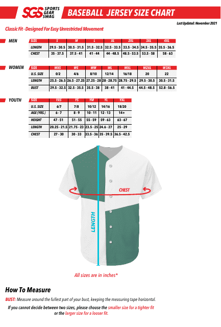 Baseball Jersey Size Chart - Sgs