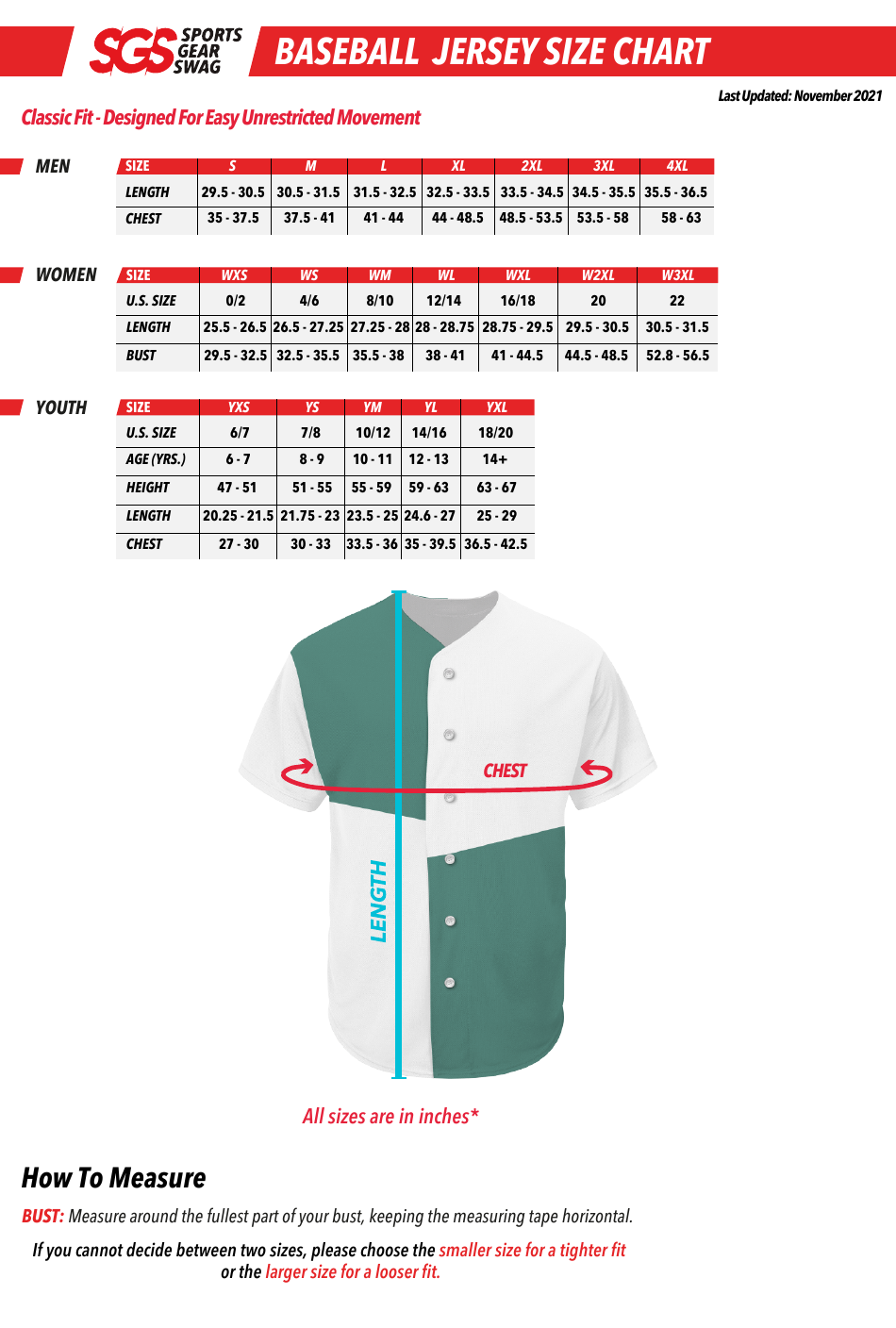 A comprehensive baseball jersey size chart presented by Sgs - your go-to resource for finding the right fit. This visual chart displays a variety of sizes available in baseball jerseys depending on your preferences and body measurements. Use this accurate and reliable size guide to make sure you order the perfect baseball jersey that suits your unique needs.