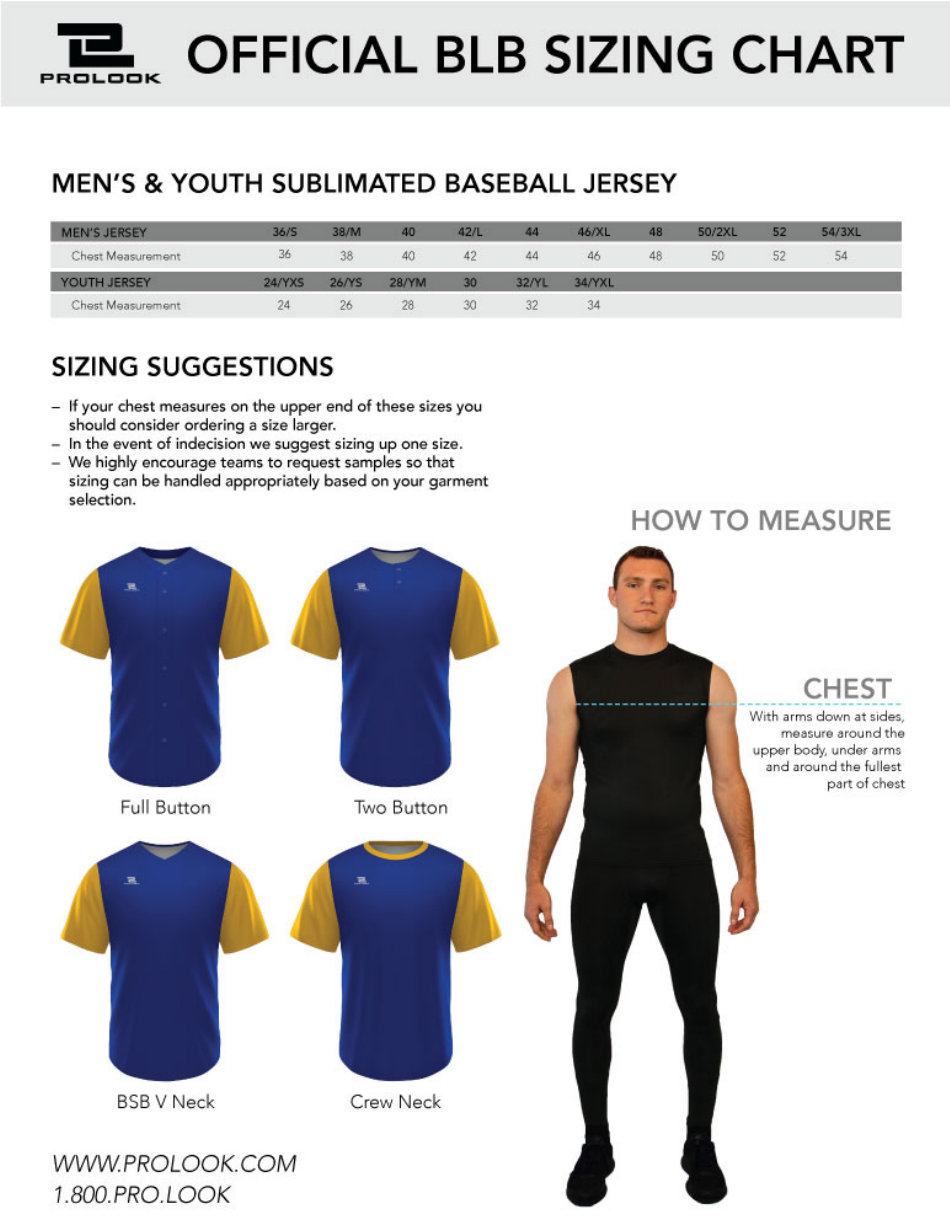 Men's and Youth Baseball Jersey Size Chart Prolook Download Printable