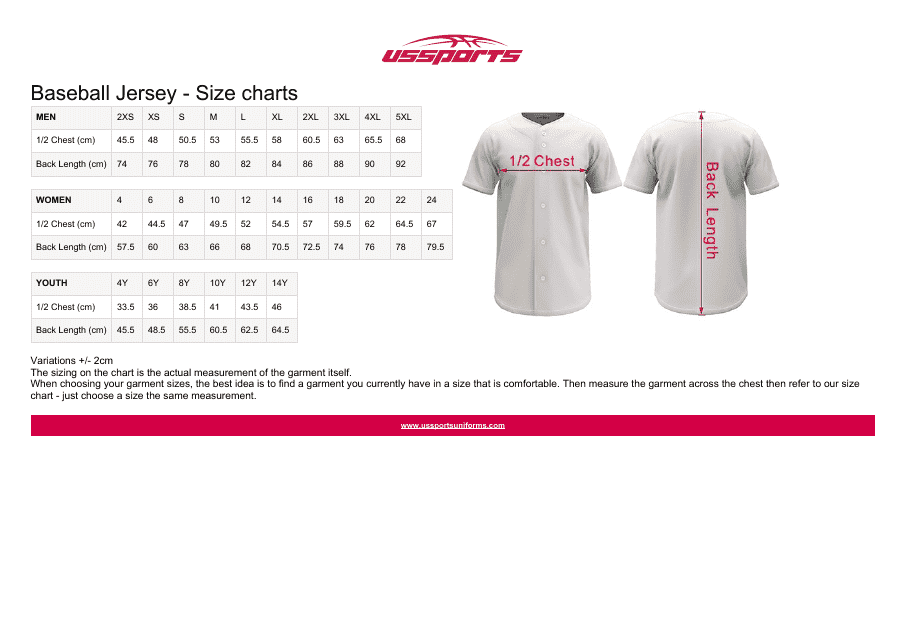 Baseball Jersey Size Chart (Cm) - Ussports