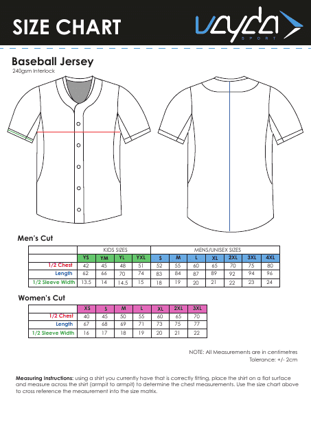 Baseball Jersey Size Chart - Vayda Sport