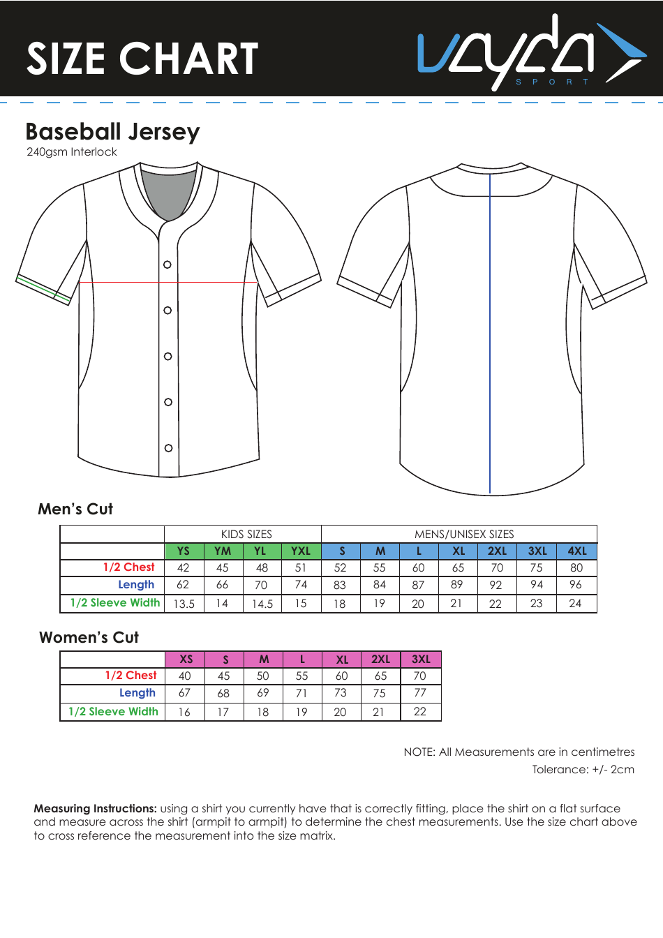 Baseball Jersey Size Chart Vayda Sport Download Printable PDF