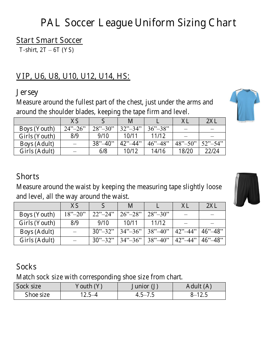 Uniform size chart for Pal Soccer League
