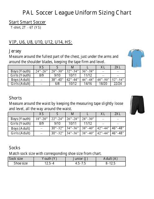 Uniform Size Chart - Pal Soccer League