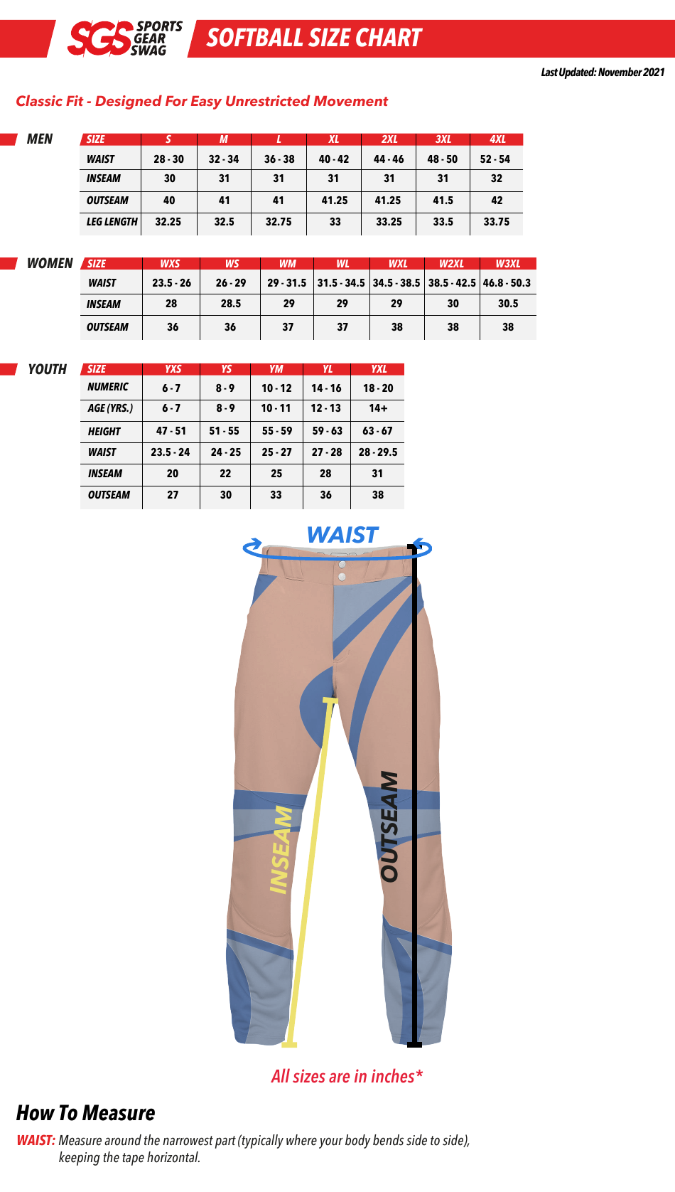 Softball Pants Size Chart - Template Roller