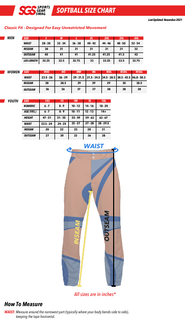 Softball Pants Size Chart - Sports Gear Swag