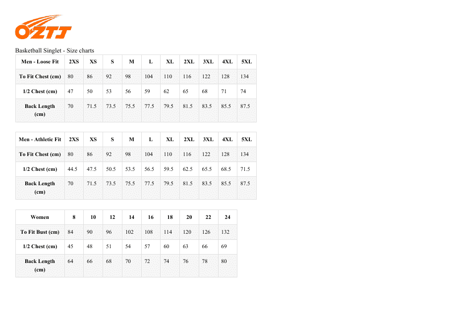 Basketball Singlet Size Chart - Oztj
