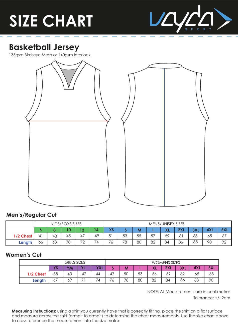 Basketball Jersey Size Chart - Vayda Sport Download Printable PDF ...