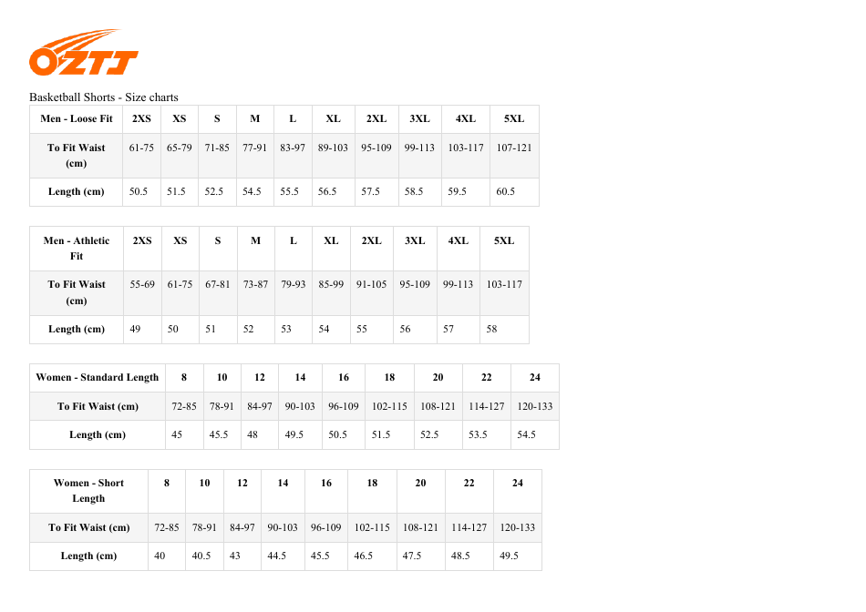 Basketball Shorts Size Chart - Oztj Download Printable PDF | Templateroller