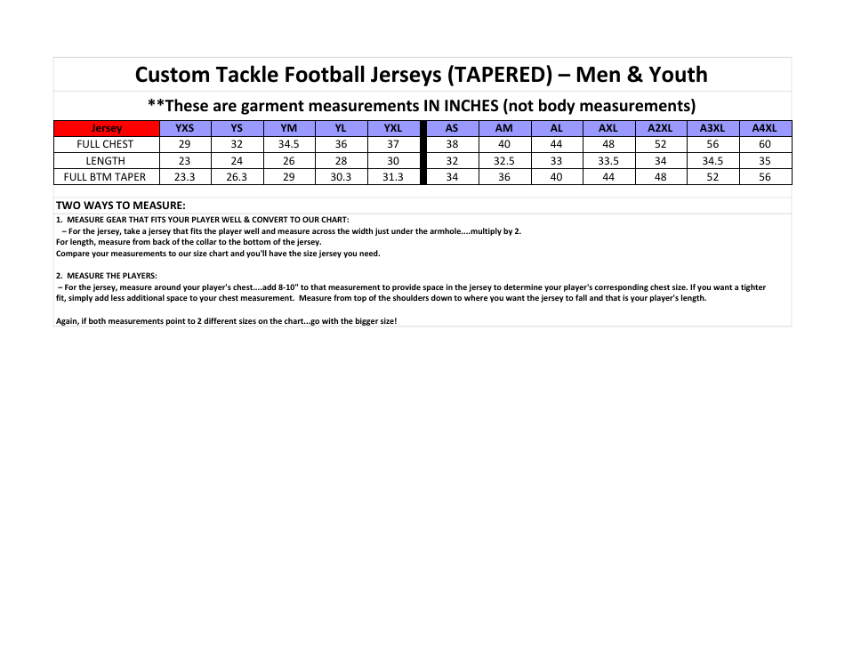 Men's & Youth Football Jersey Size Chart Download Printable PDF