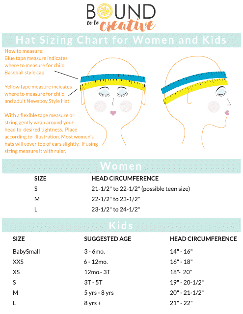 Women's & Kids Hat Size Chart - Bound to Be Creative