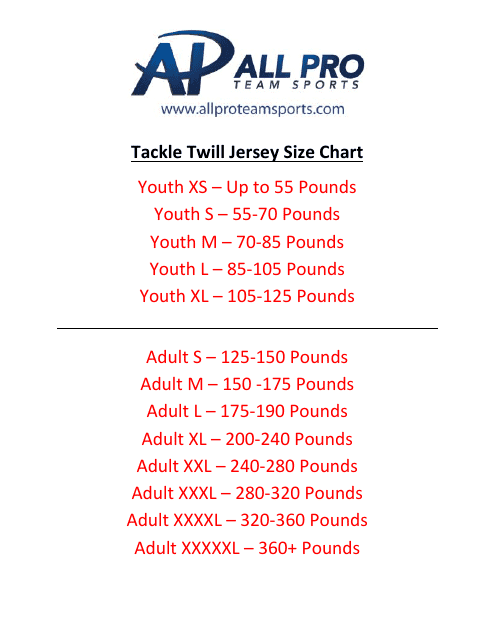 Tackle Twill Jersey Size Chart - All Pro Team Sports