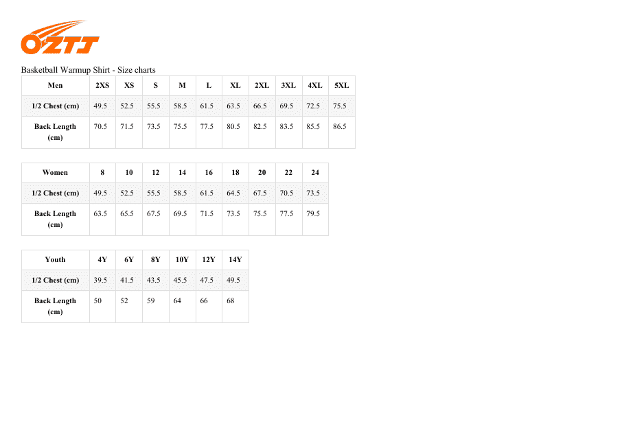Oztj Basketball Warmup Shirt Size Chart