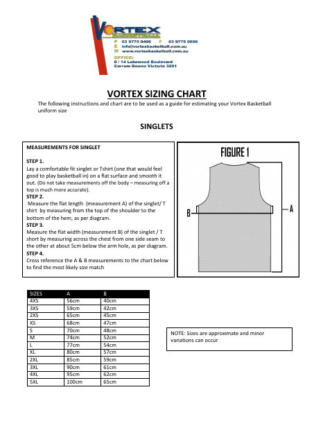 Vortex Basketball Singlet & Shorts Size Chart