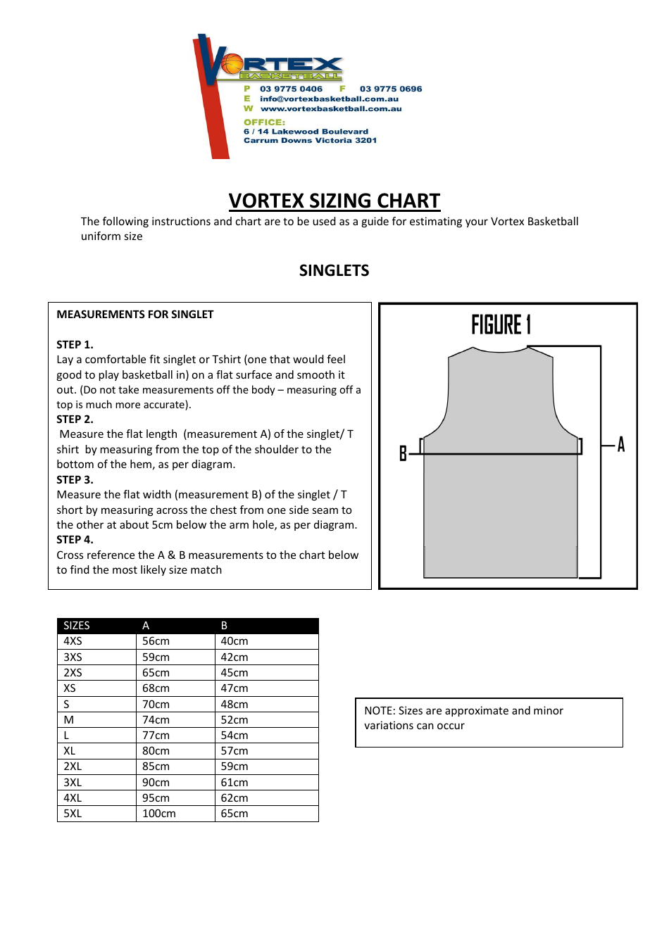 Vortex Basketball Singlet & Shorts Size Chart