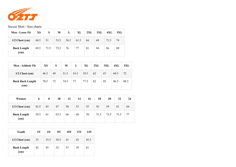 Soccer Shirt Size Chart (Cm) - Oztj Download Printable PDF | Templateroller