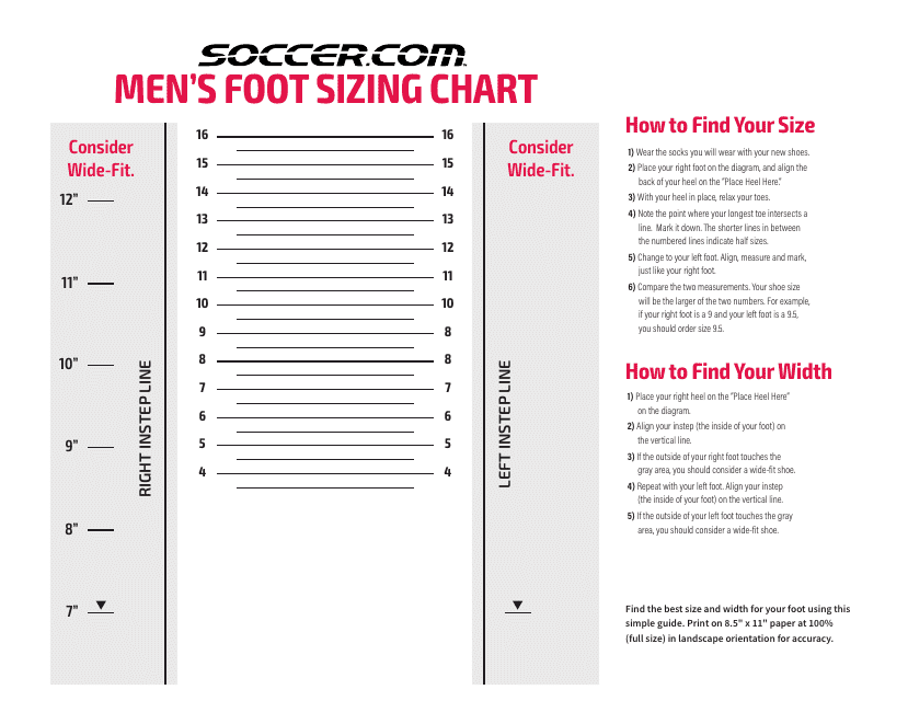 Men's Foot Sizing Chart - Soccer.com Download Printable PDF ...