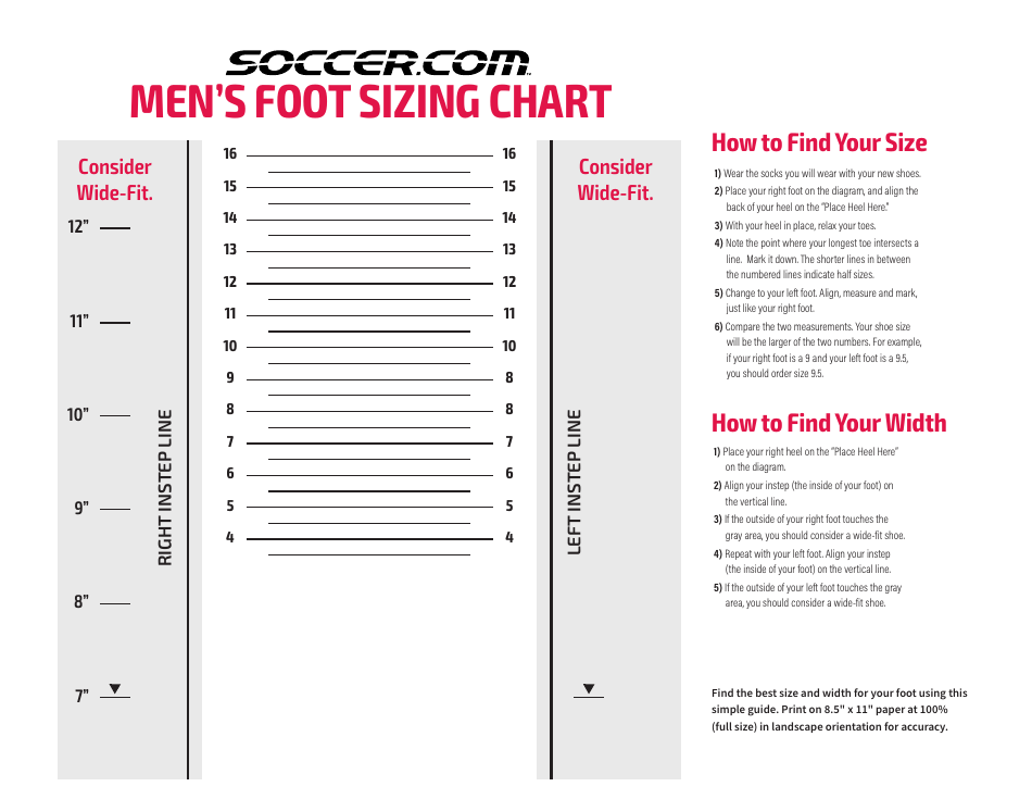 Men's Foot Sizing Chart - An essential tool for soccer players to determine their proper shoe size.