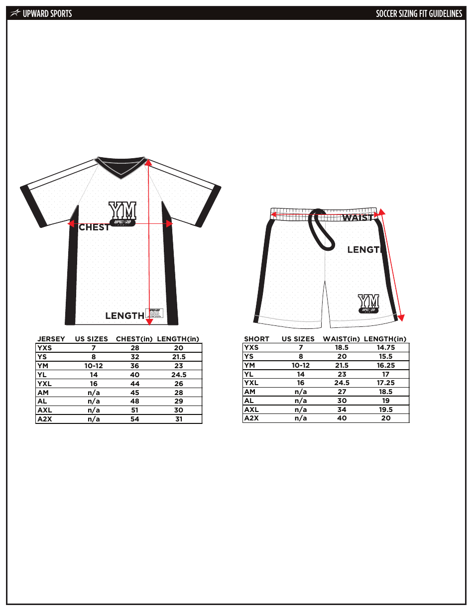 Soccer Jersey & Shorts Size Chart Upward Sports Download Printable