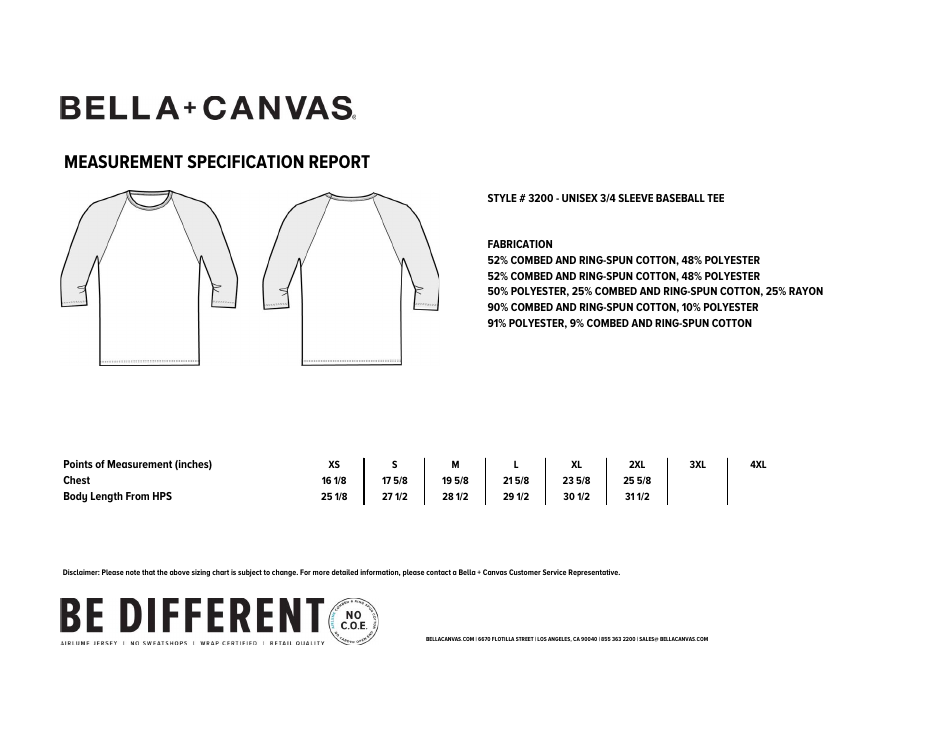 Unisex 3/4 Sleeve Baseball Tee Size Chart - Bella+canvas - Grey Preview