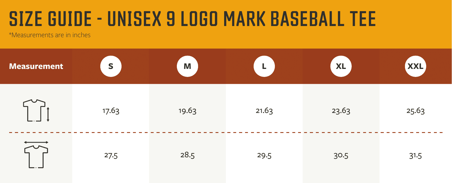 Unisex Baseball Tee Size Chart