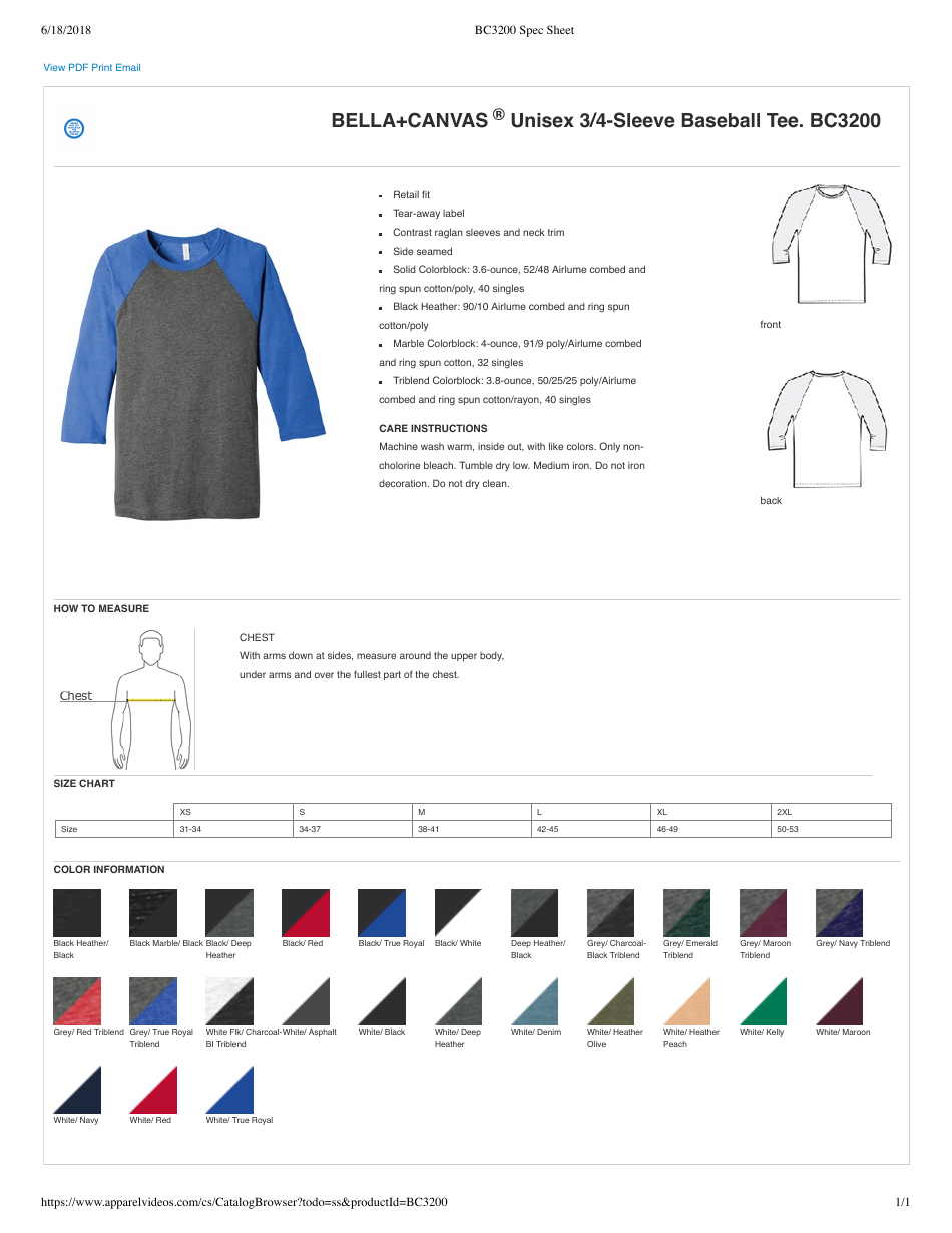Bella+canvas Unisex 3/4-sleeve Baseball Tee in Blue - Size Chart