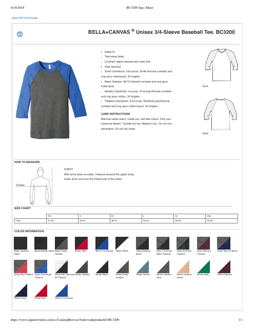 Unisex 3/4-sleeve Baseball Tee Size Chart - Bella+canvas - Blue
