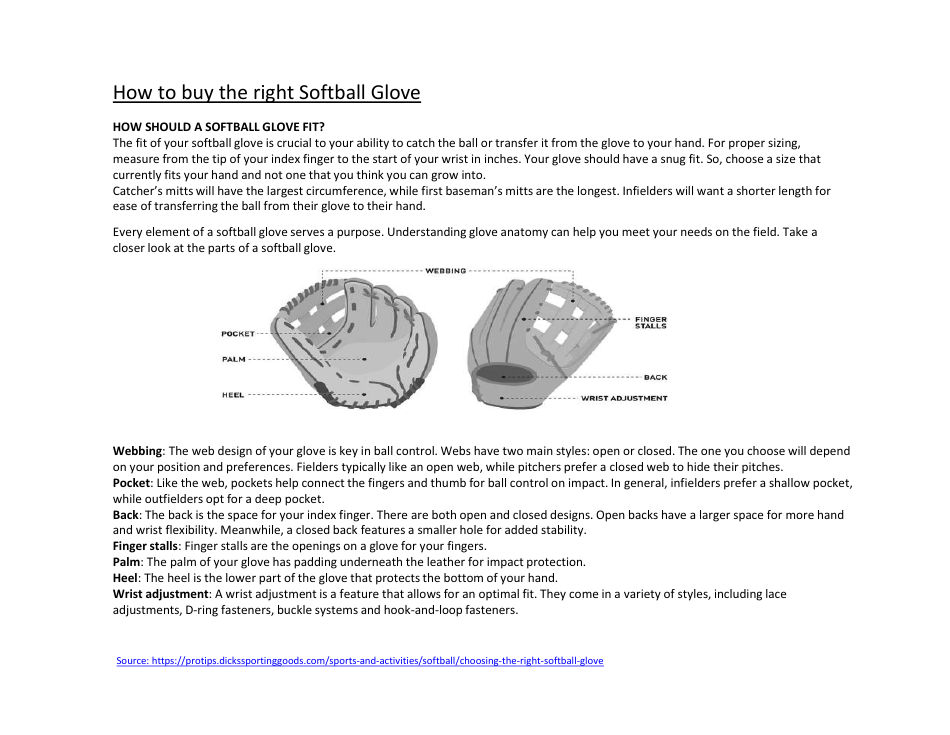 Softball Bat & Glove Size Chart Black and White Download Printable