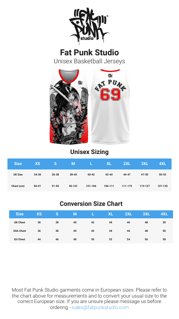 Unisex Basketball Jersey Size Chart - Fat Punk Studio Image