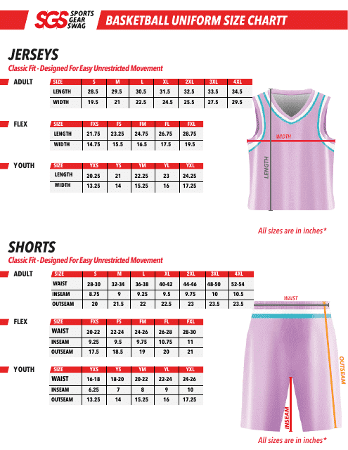 Basketball Uniform Size Chart - Sgs - Adult, Flex, Youth