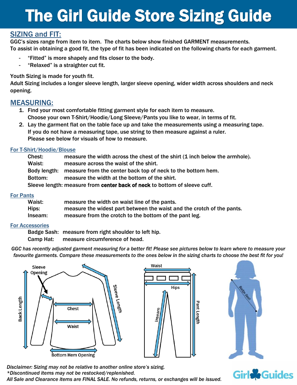 Youth & Adult Girls' Garment Size Chart - Girl Guides Download ...