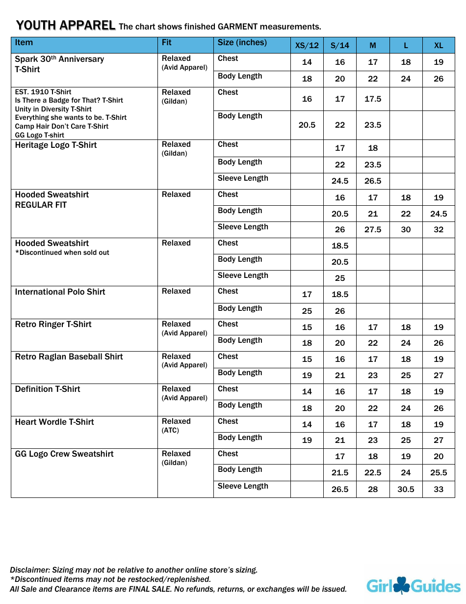 Youth  Adult Girls Garment Size Chart - Girl Guides, Page 3