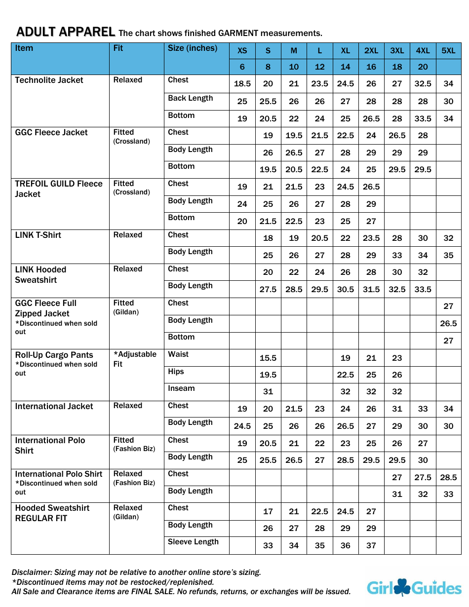 Youth  Adult Girls Garment Size Chart - Girl Guides, Page 4