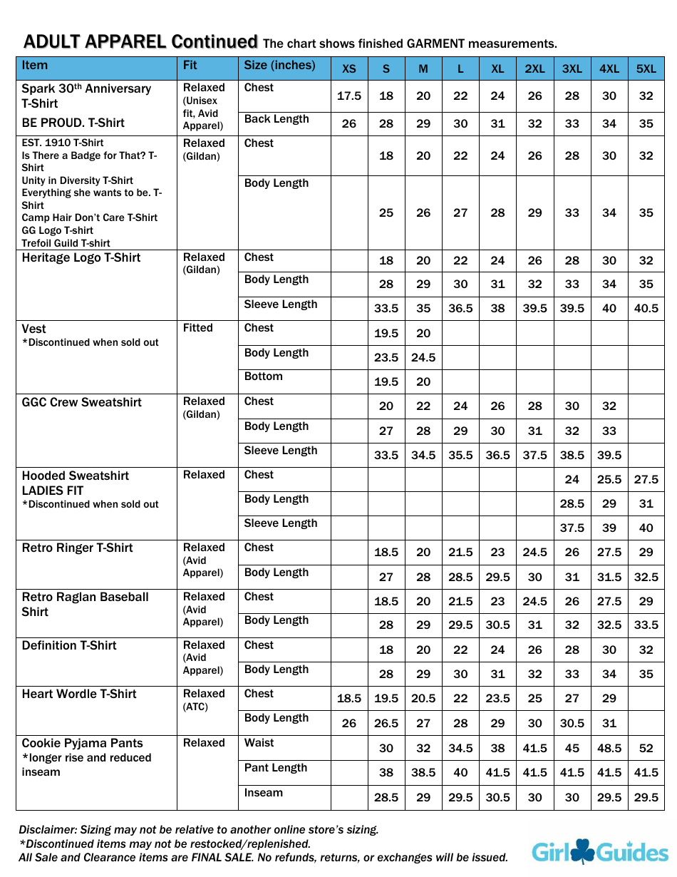 Youth  Adult Girls Garment Size Chart - Girl Guides, Page 5