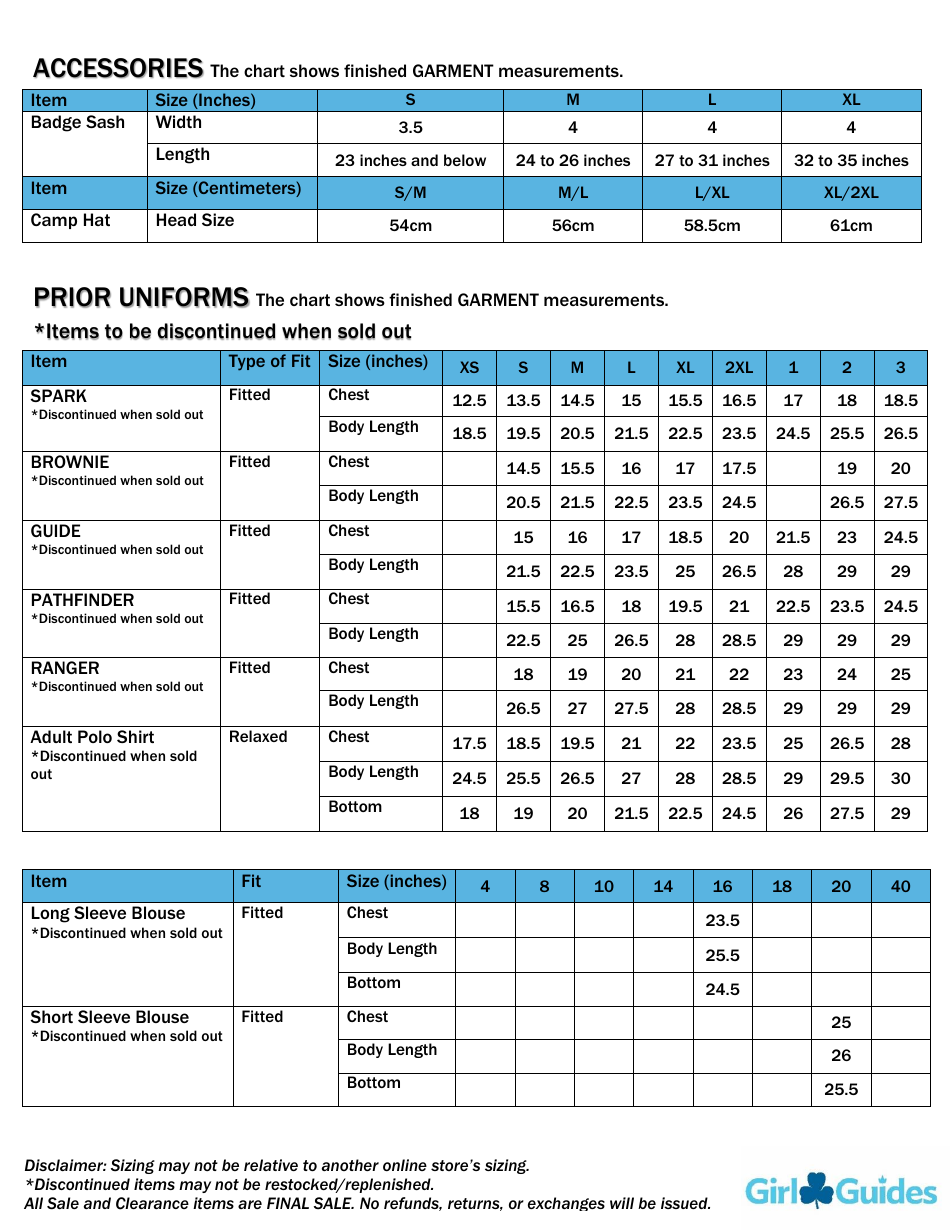 Youth & Adult Girls' Garment Size Chart - Girl Guides Download ...