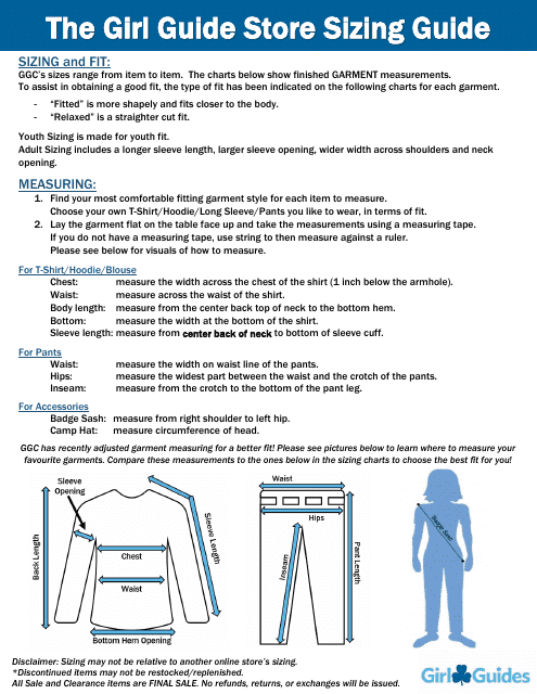Youth &amp; Adult Girls' Garment Size Chart - Girl Guides