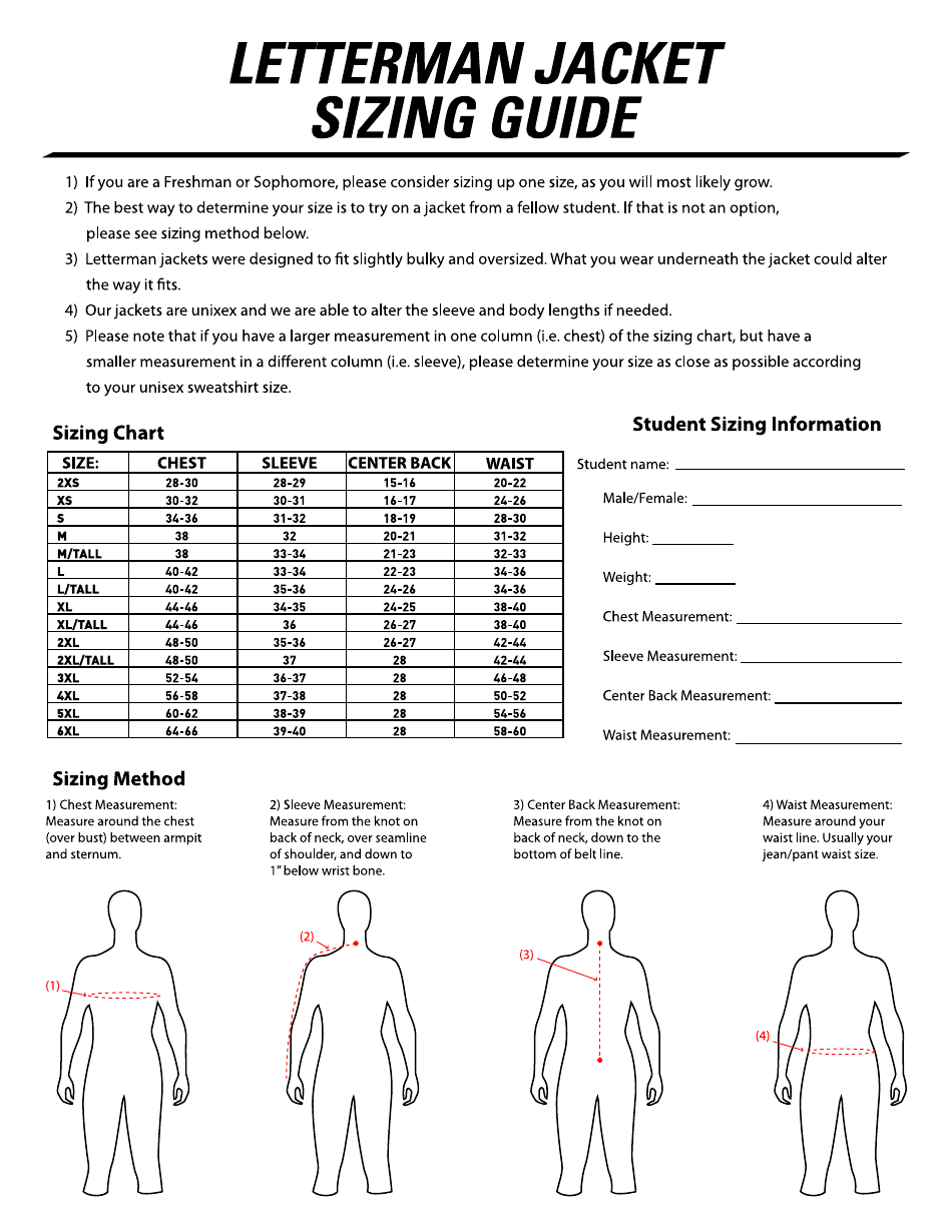 Letterman Jacket Size Chart Download Printable PDF | Templateroller