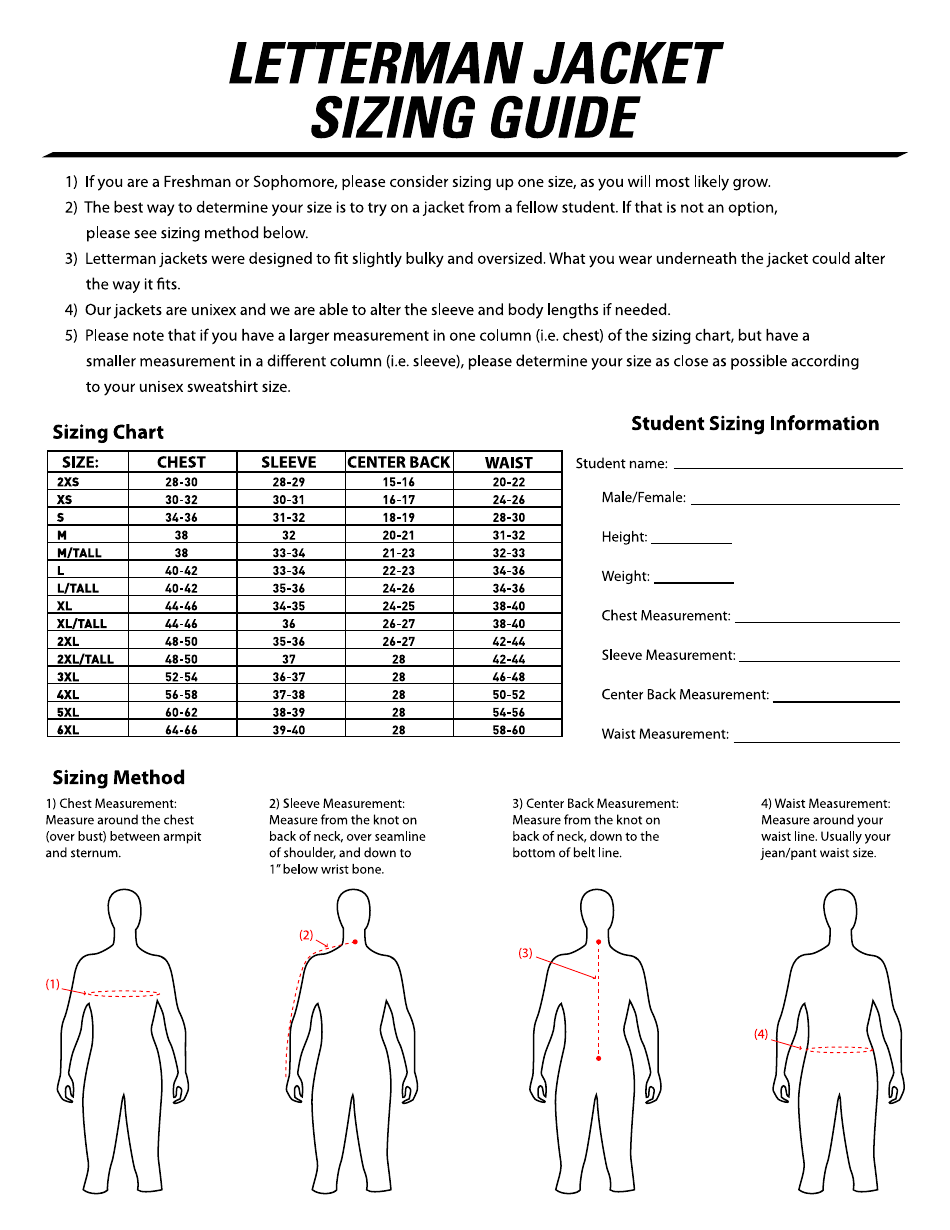 Letterman Jacket Size Chart Download Printable PDF Templateroller